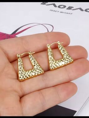 Textured 18k Gold plated Triangle Hoop Earrings for Women